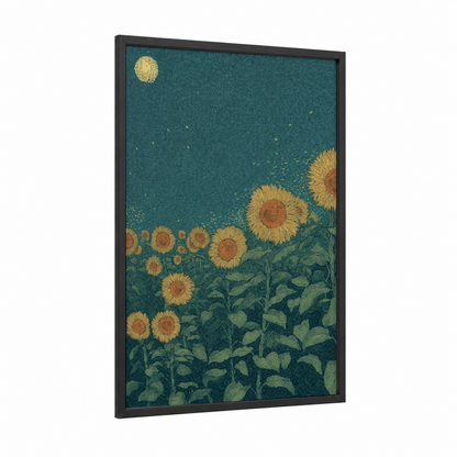 Starlit Sunflower Field framed dreamscape print — black wood frame — teal and gold palette