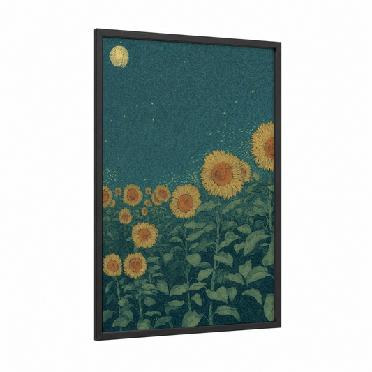 Starlit Sunflower Field framed dreamscape print — black wood frame — teal and gold palette