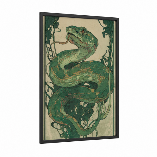 Coiled Rattlesnake framed art print — black wood frame — dark green and cream palette