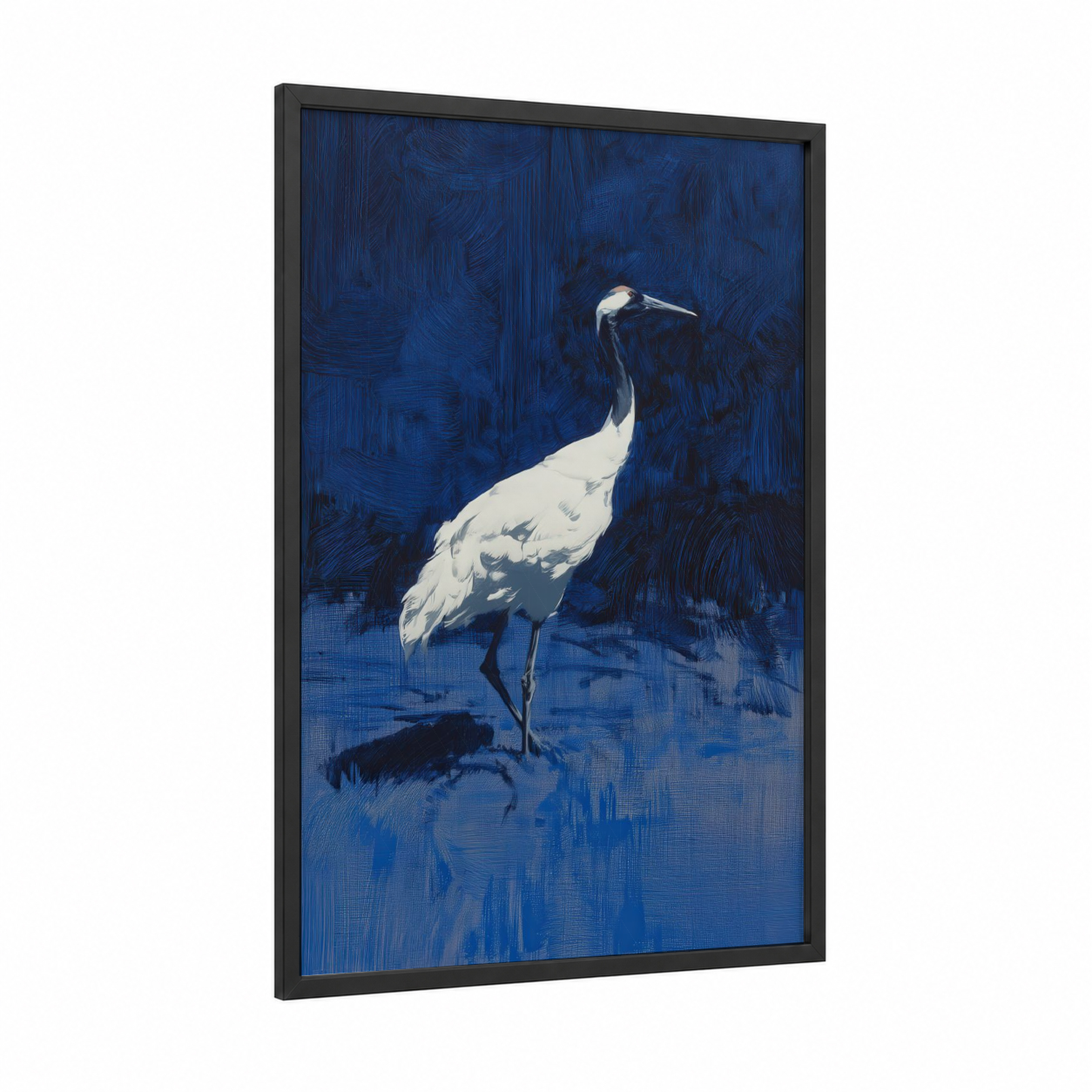 Midnight Crane framed art print — black wood frame — blue and white palette