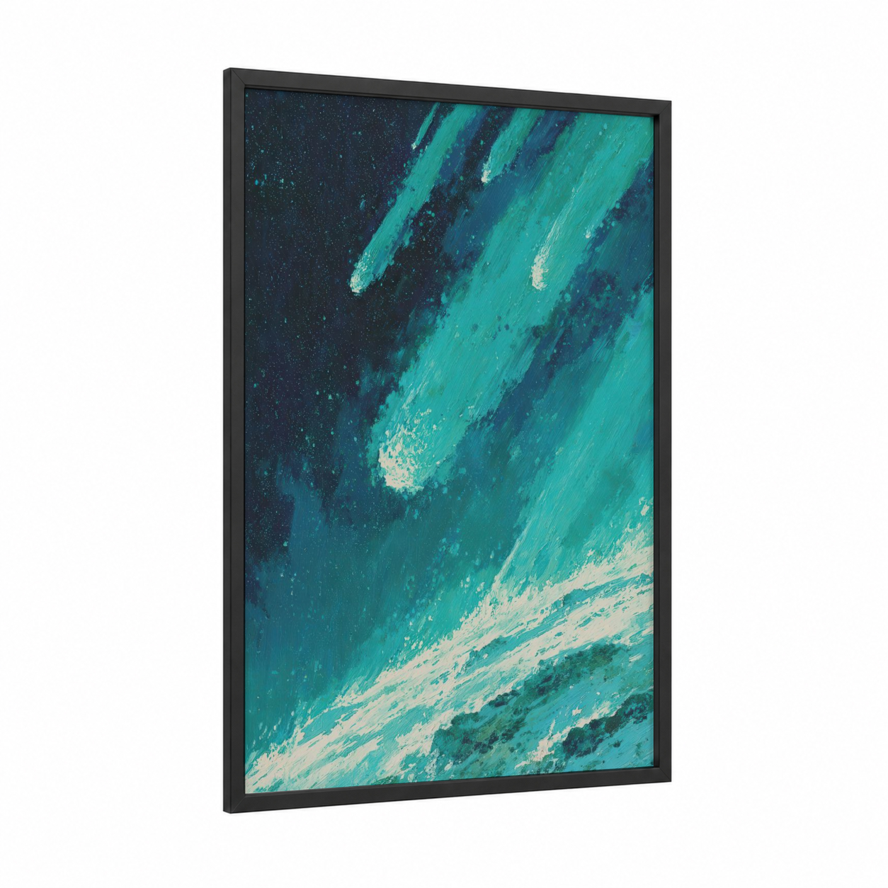Celestial Impact framed astroids and comets print — black wood frame — turquoise and dark blue palette
