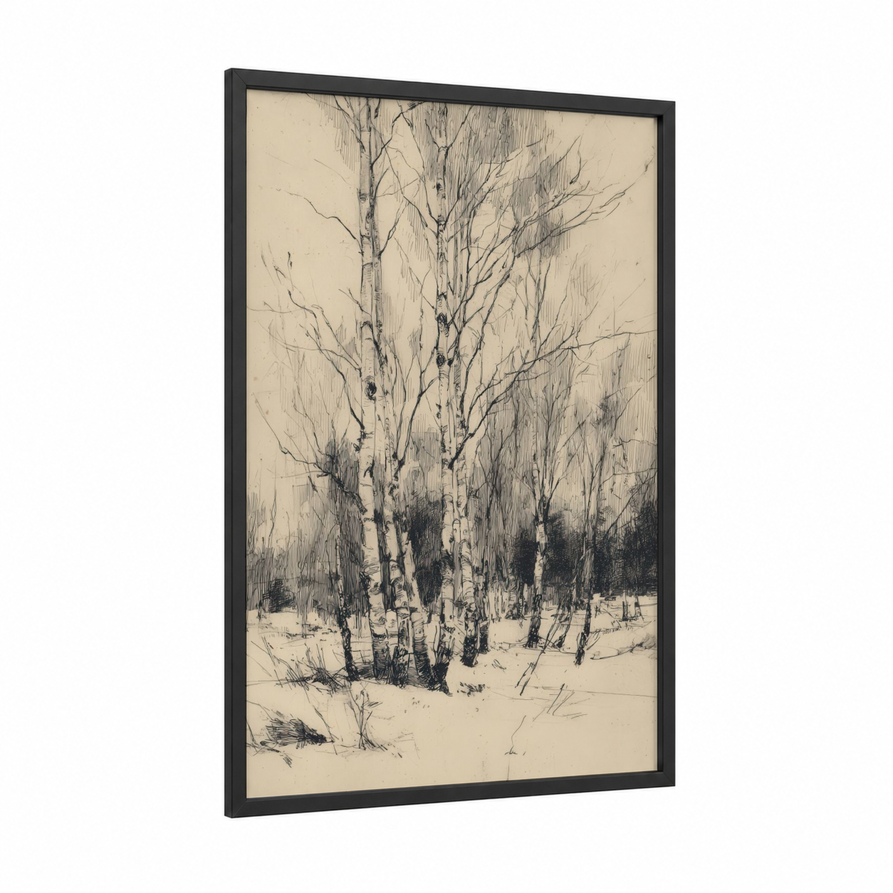 Winter Birch Forest framed birch tree print — black wood frame — black and white and cream palette