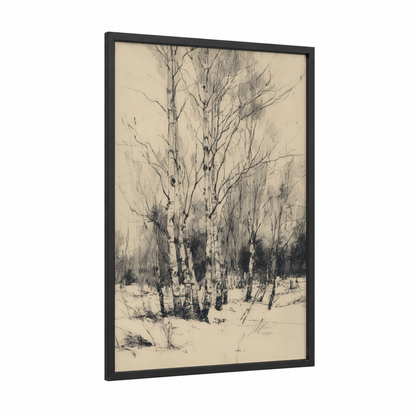 Winter Birch Forest framed birch tree print — black wood frame — black and white and cream palette