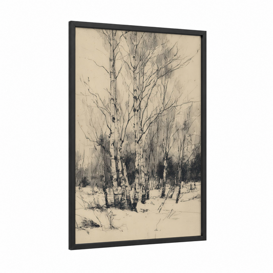 Winter Birch Forest framed birch tree print — black wood frame — black and white and cream palette
