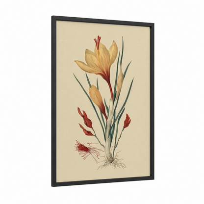 Golden Clivia framed herbs and spices print — black wood frame — cream and russet palette