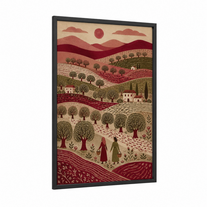 Tuscan Vineyard Village Wall Art framed art print — black wood frame — maroon and beige palette
