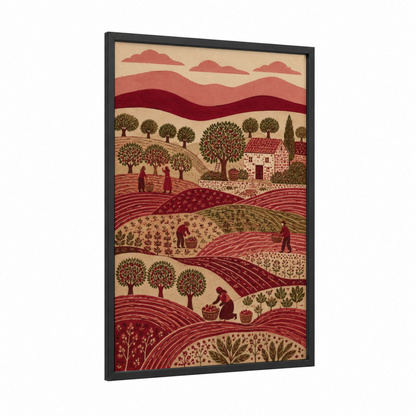 Tuscan Vineyard Harvest Village Wall Art framed art print — black wood frame — maroon and beige palette