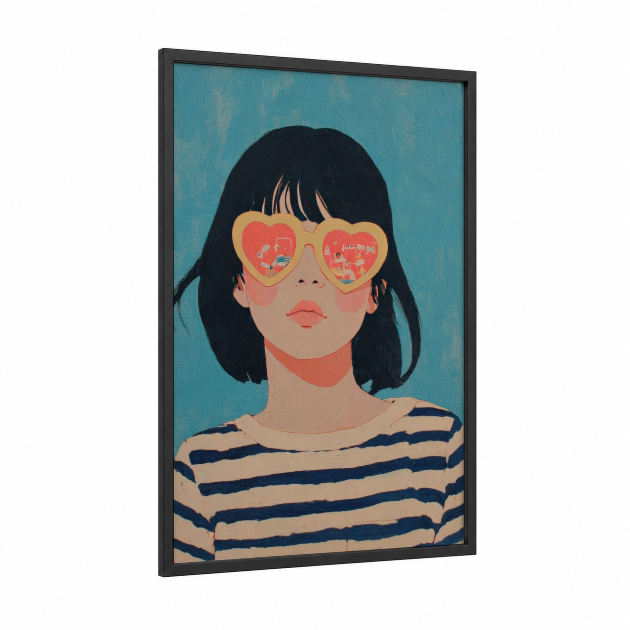 Dreamy Girl Glasses framed art for girl print — black wood frame — teal and salmon pink palette