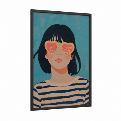 Dreamy Girl Glasses framed art for girl print — black wood frame — teal and salmon pink palette