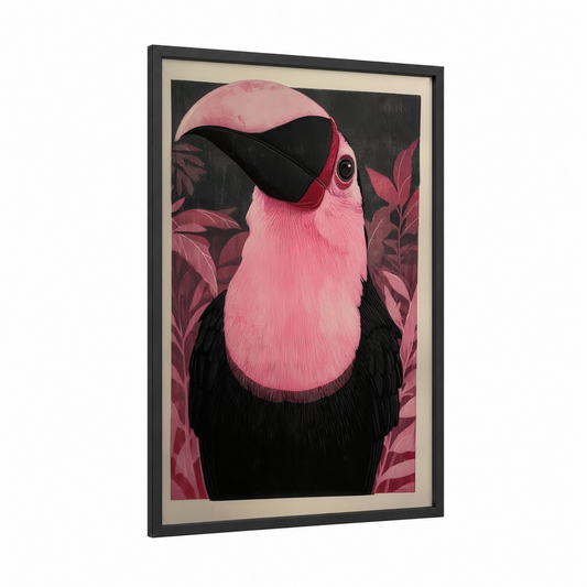 Pink Toucan Portrait framed art print — black wood frame — pink and black palette