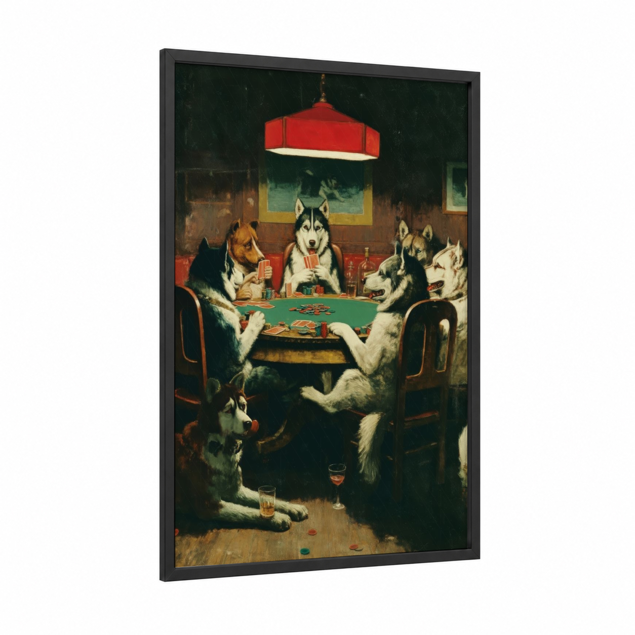 Poker Night Huskies framed husky print — black wood frame — red and dark green palette