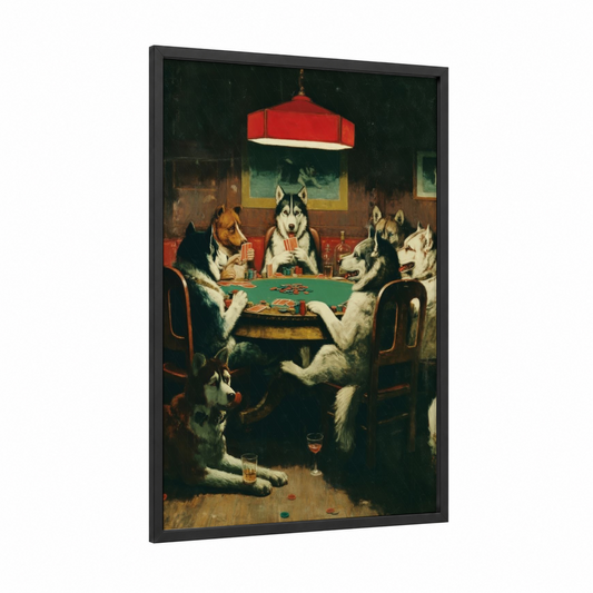 Poker Night Huskies framed husky print — black wood frame — red and dark green palette