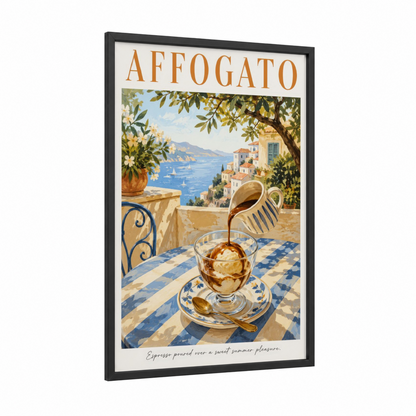 Mediterranean Coastal Affogato Coffee Wall Art framed art print — black wood frame — blue and beige palette