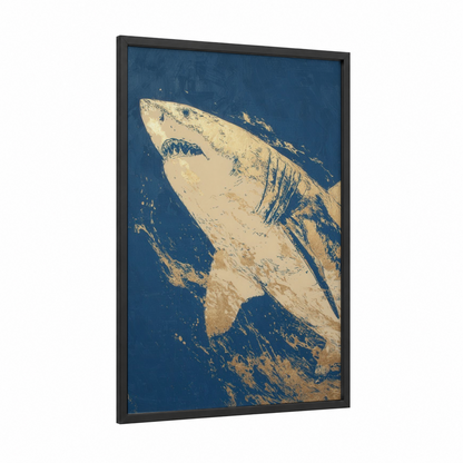 Golden Shark framed great white shark print — black wood frame — blue and gold palette