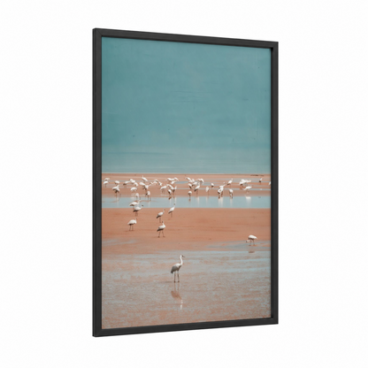 Flamingo Salt Flats framed crane print — black wood frame — salmon pink and blue and white palette
