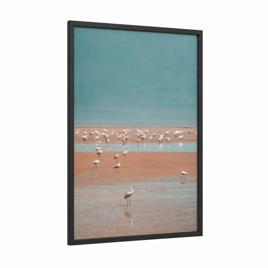 Flamingo Salt Flats framed crane print — black wood frame — salmon pink and blue and white palette