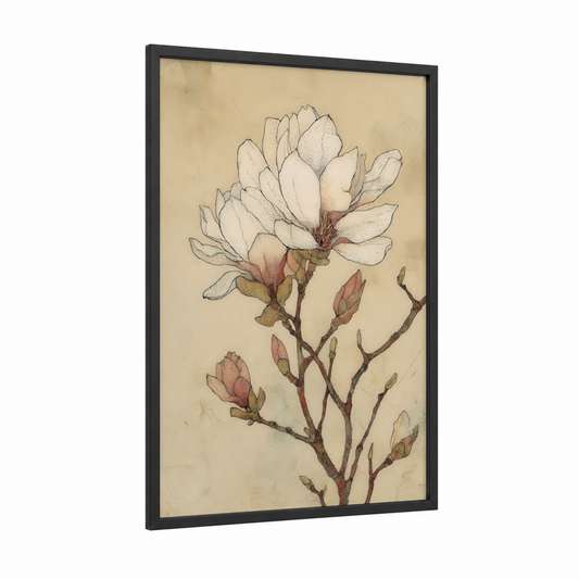 Blush Magnolia framed art print — black wood frame — cream and peach palette