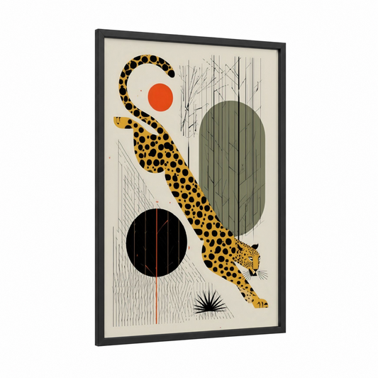Golden Leopard framed art print — black wood frame — gold and black palette