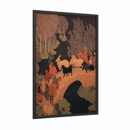 Enchanted Forest Procession framed fairytale print — black wood frame — gold palette