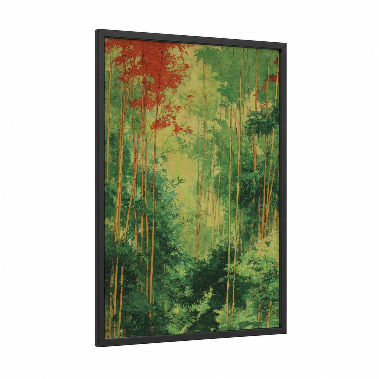 Emerald Bamboo Forest framed bamboo jungle print — black wood frame — green and gold palette