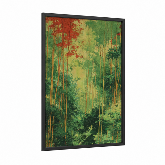 Emerald Bamboo Forest framed bamboo jungle print — black wood frame — green and gold palette