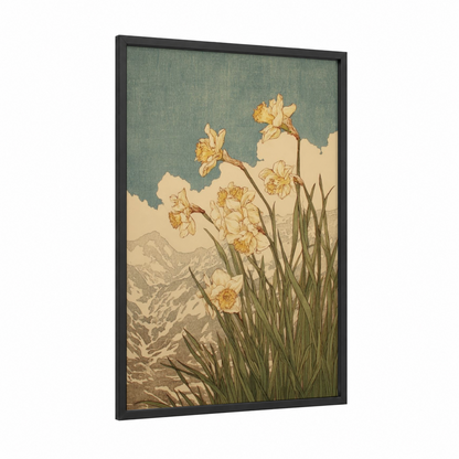 Golden Daffodils framed art print — black wood frame — cream and sage green palette