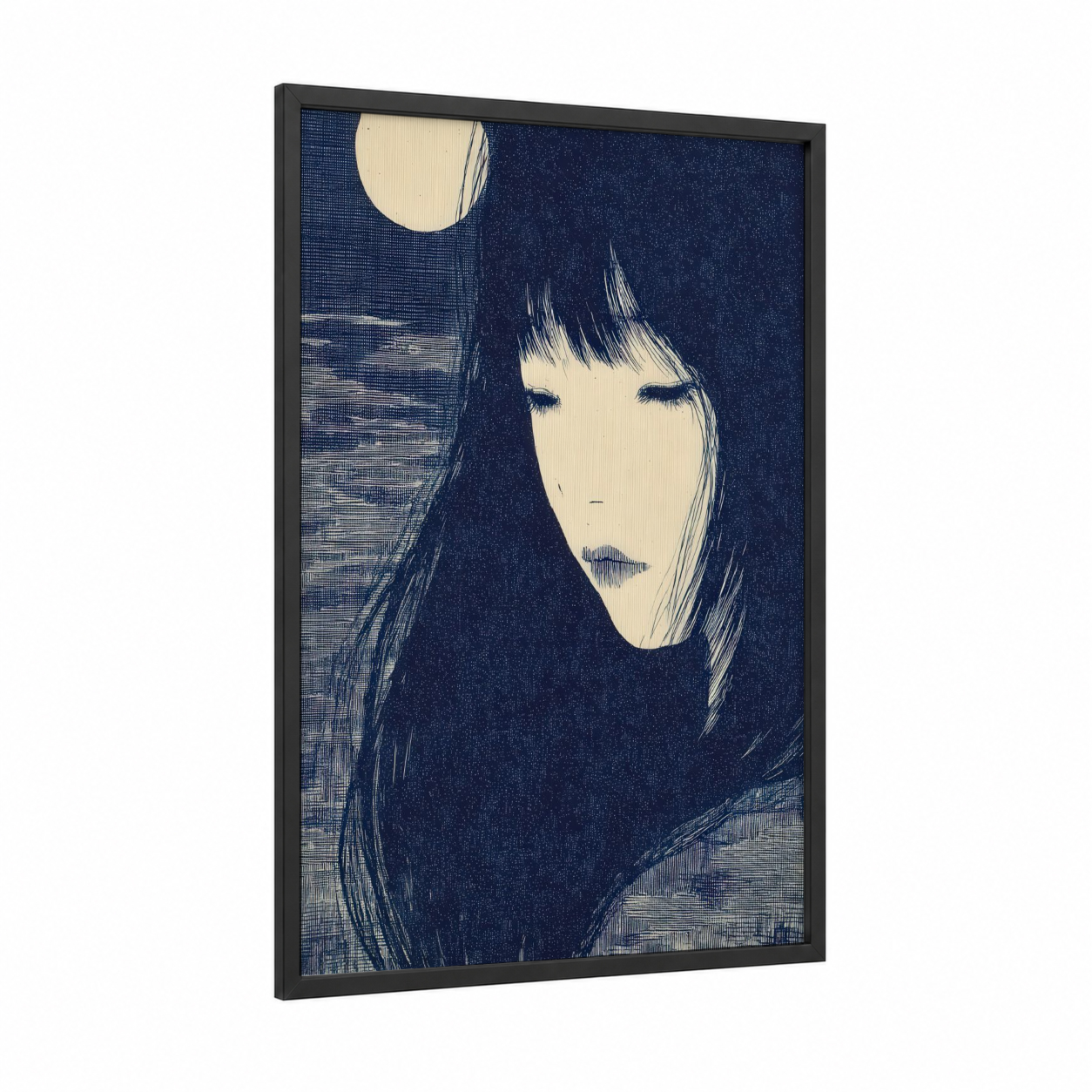 Moonlit Contemplation framed hair print — black wood frame — dark blue and cream palette