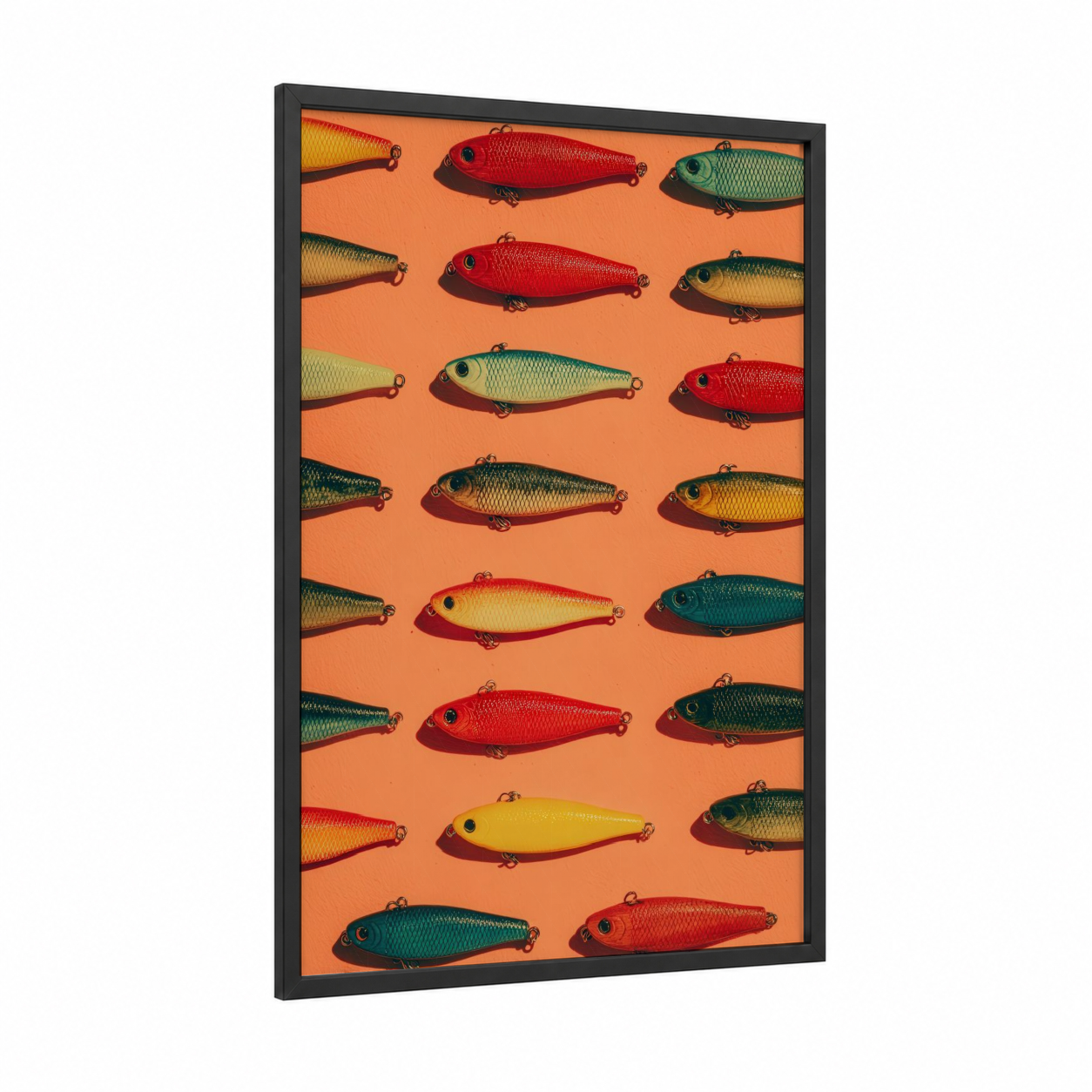 Colorful Fishing Lures framed art print — black wood frame — red and orange palette