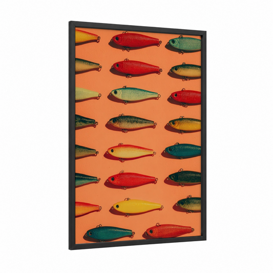 Colorful Fishing Lures framed art print — black wood frame — red and orange palette