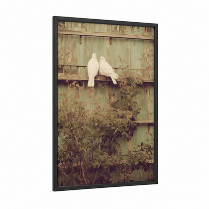 Rustic Dove Pair framed art print — black wood frame — cream and sage green palette