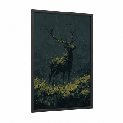 Golden Fireflies Deer framed art print — black wood frame — dark blue and yellow gold palette