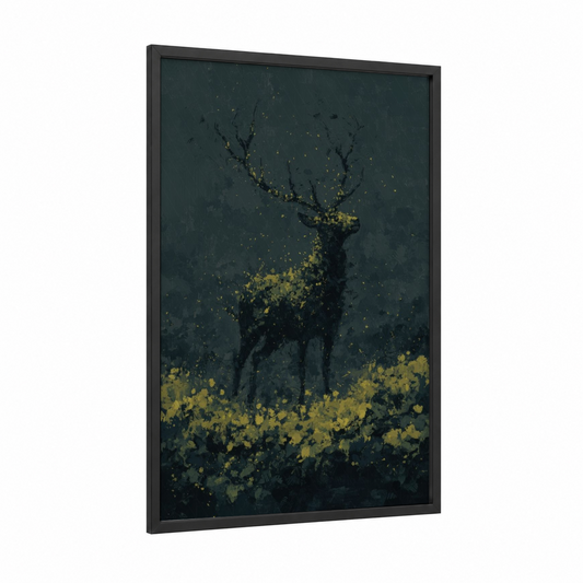 Golden Fireflies Deer framed art print — black wood frame — dark blue and yellow gold palette