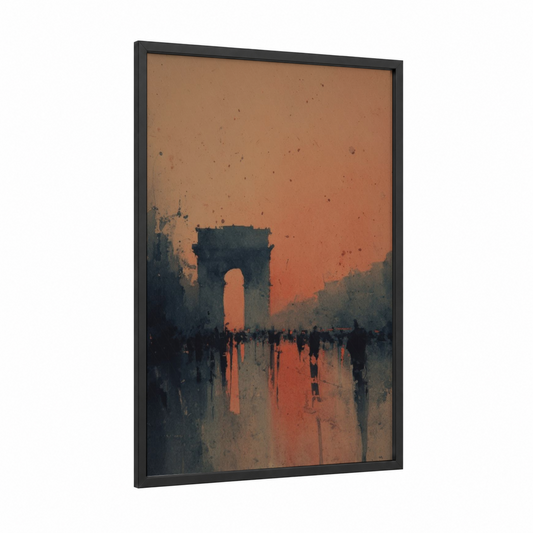 Sunset Arc framed arc de triomphe print — black wood frame — russet and nobel palette