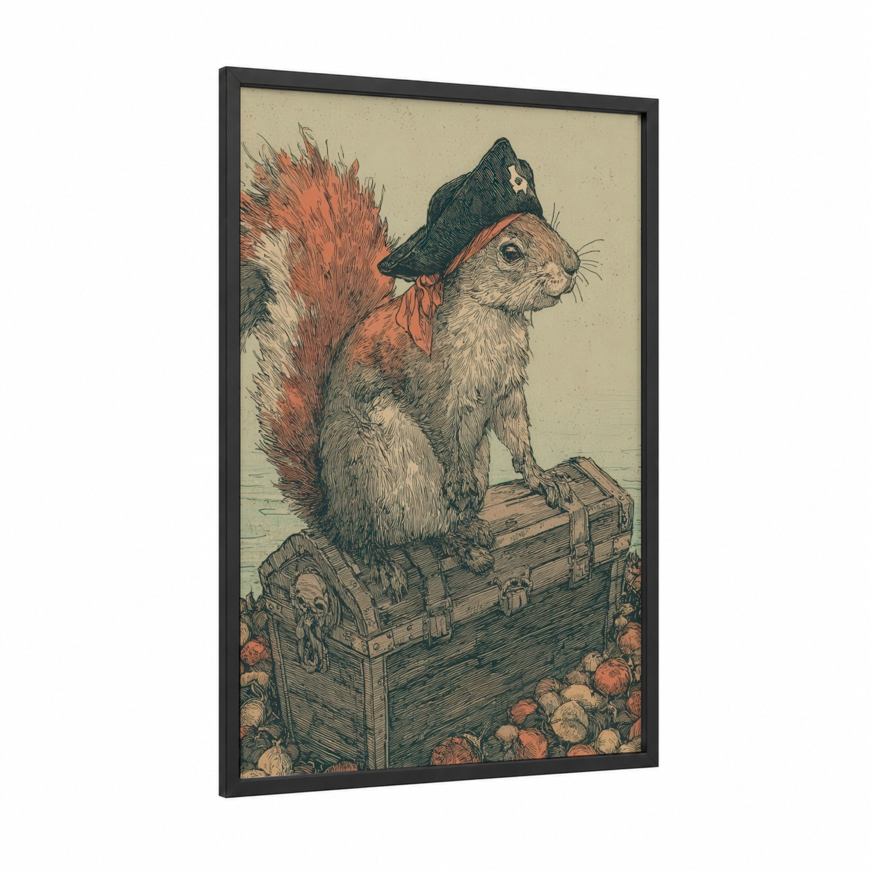 Dapper Squirrel framed art print — black wood frame — russet and cream palette