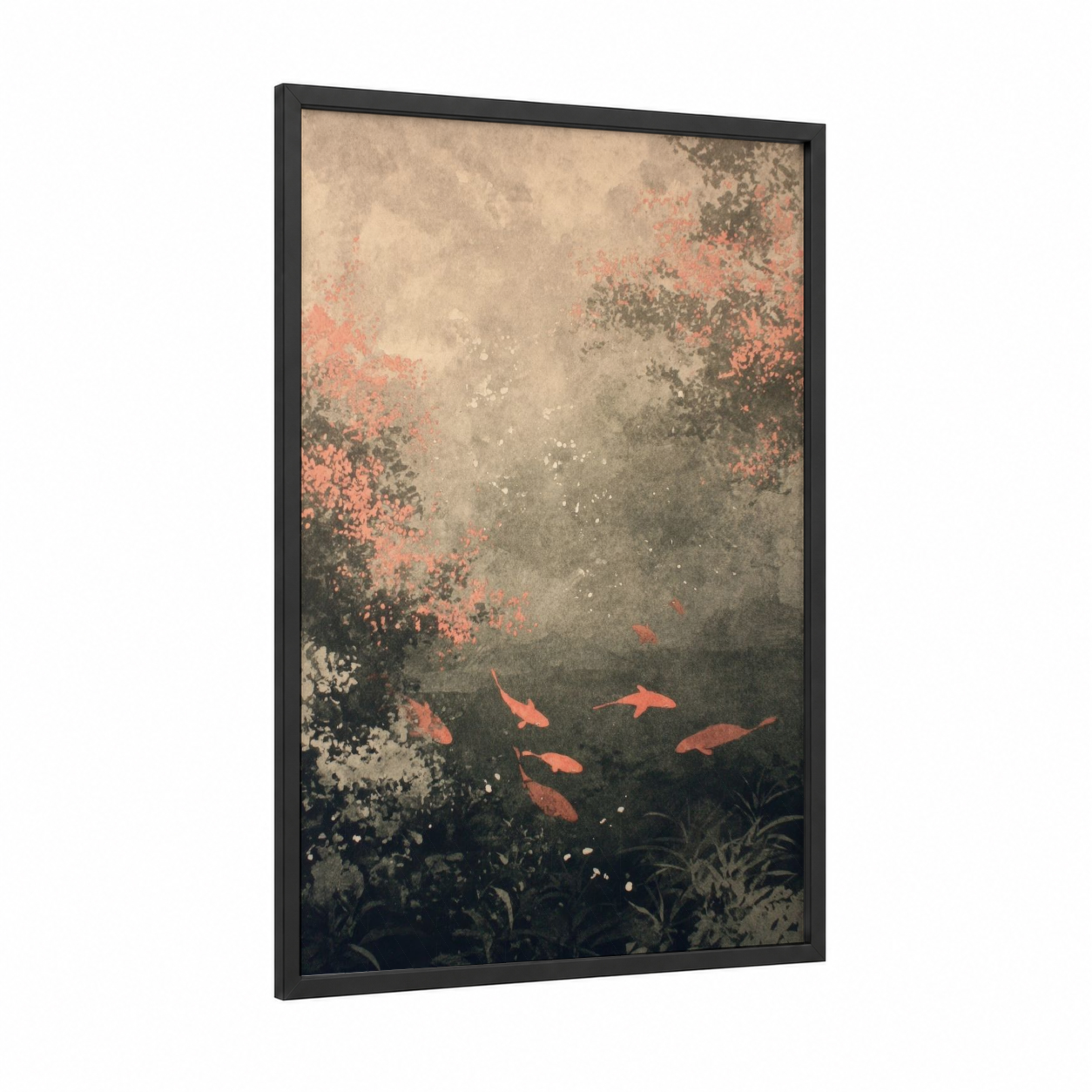 Ethereal Koi Garden framed dreamscape print — black wood frame — pink and dove gray palette