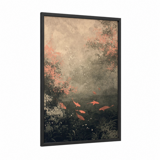 Ethereal Koi Garden framed dreamscape print — black wood frame — pink and dove gray palette