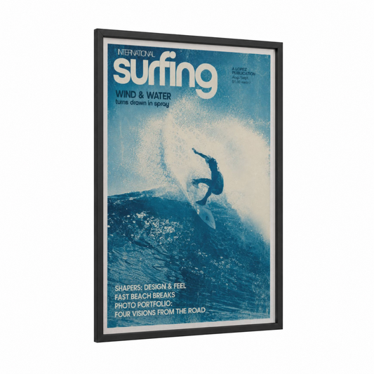Vintage Surfing Magazine Cover Wall Art framed art print — black wood frame — blue and turquoise palette