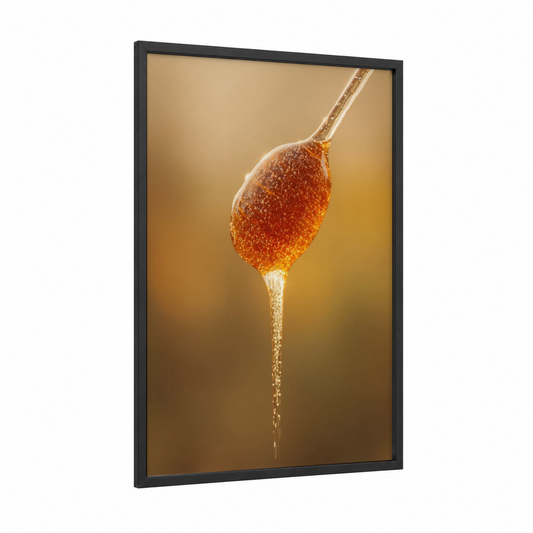 Golden Honey Drizzle framed kitchen utensils print — black wood frame — gold and yellow gold palette
