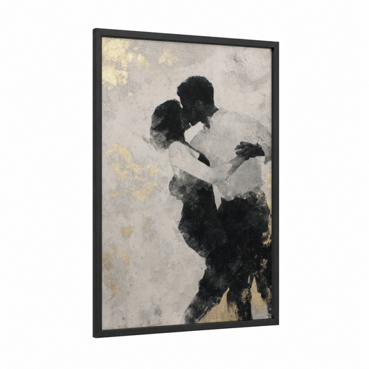 Passionate Salsa Embrace framed art print — black wood frame — cream and gold palette