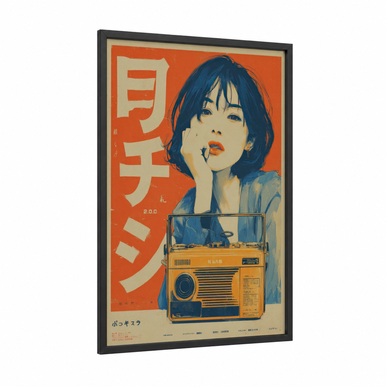 Retro Radio Girl framed vintage japanese ads print — black wood frame — russet and dark blue palette