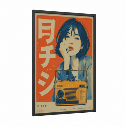 Retro Radio Girl framed vintage japanese ads print — black wood frame — russet and dark blue palette