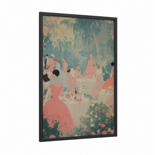 Garden Party Elegance framed retro fashion print — black wood frame — salmon pink and teal palette