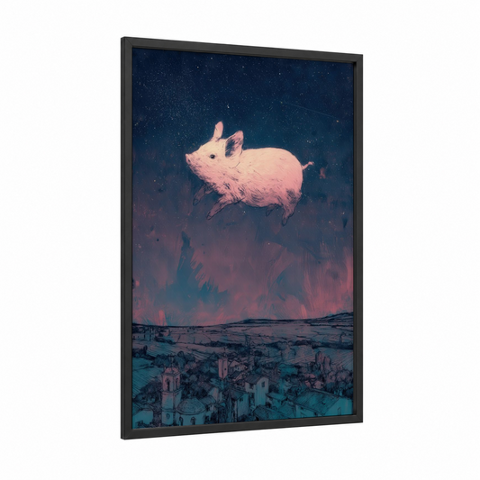 Celestial Pig framed art print — black wood frame — dark blue and pink palette