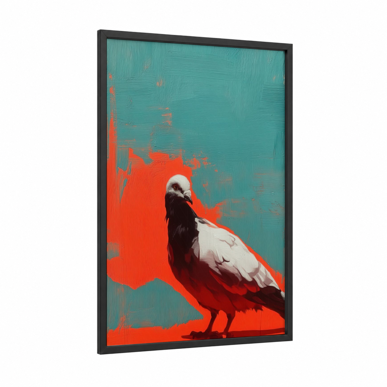 Crimson Pigeon framed art print — black wood frame — red and teal palette