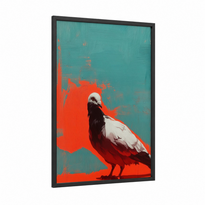Crimson Pigeon framed art print — black wood frame — red and teal palette