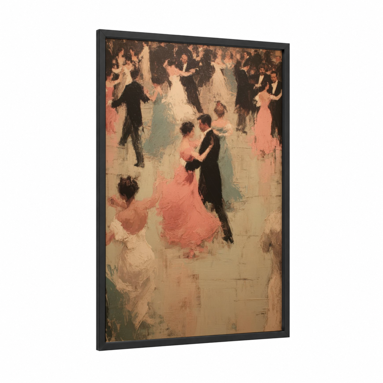 Elegant Ballroom Dance framed art print — black wood frame — peach and cream palette