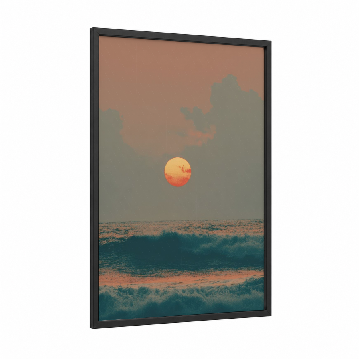 Crimson Sunrise Waves framed art print — black wood frame — salmon pink and teal palette