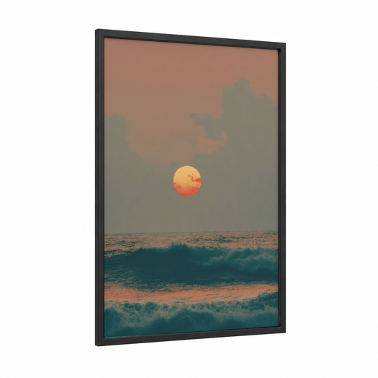 Crimson Sunrise Waves framed art print — black wood frame — salmon pink and teal palette