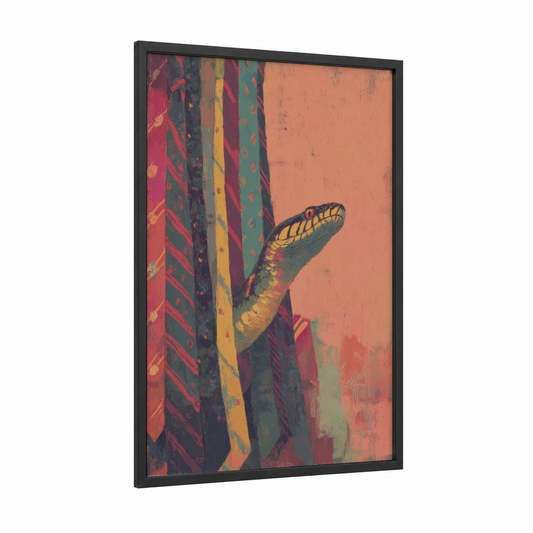 Golden Python Portrait framed art print — black wood frame — gold and orange palette