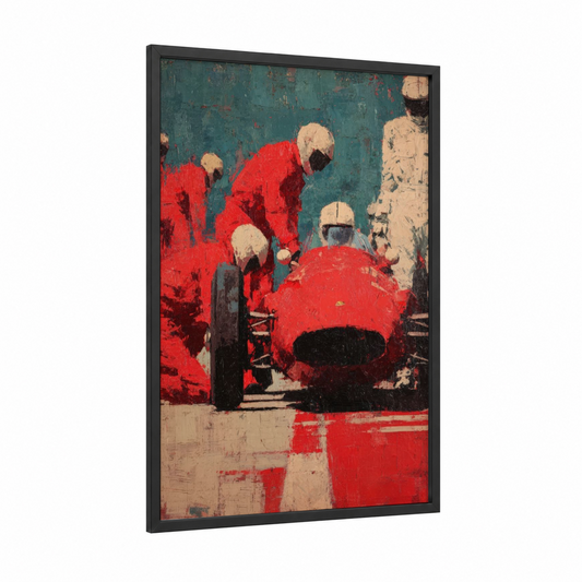 Vintage Racing Red framed auto racing print — black wood frame — red and teal palette